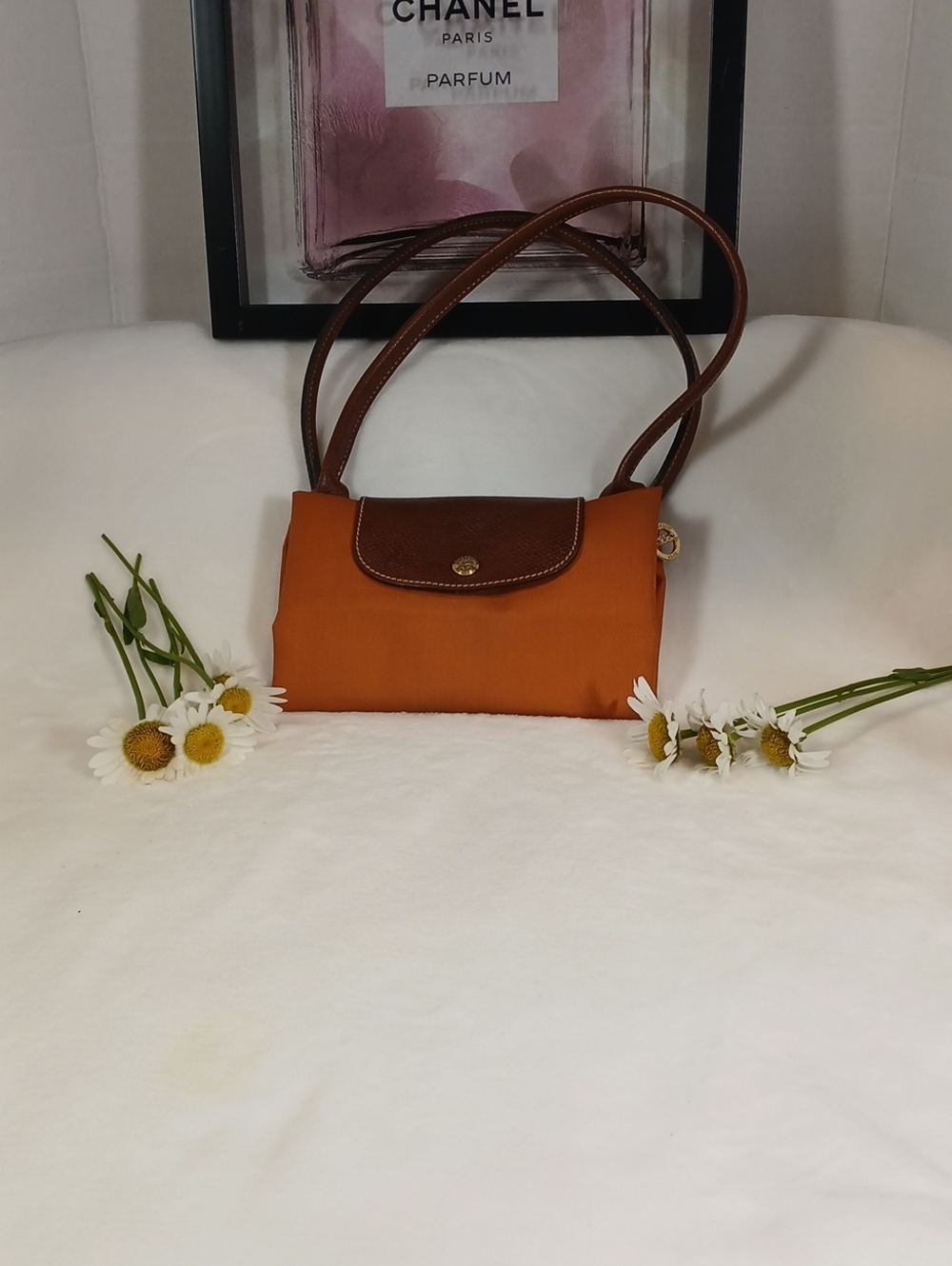 Longchamp Orange Shoulder Bag with Brown Trim